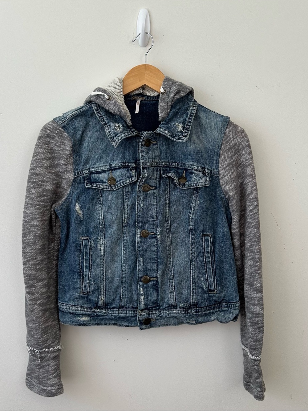 Free People Denim Jacket S/P Blue Wash Distressed Removable Hoodie French Terry